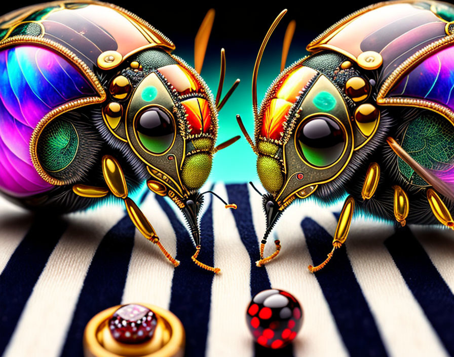 Colorful jewel-encrusted mechanical insects on striped background