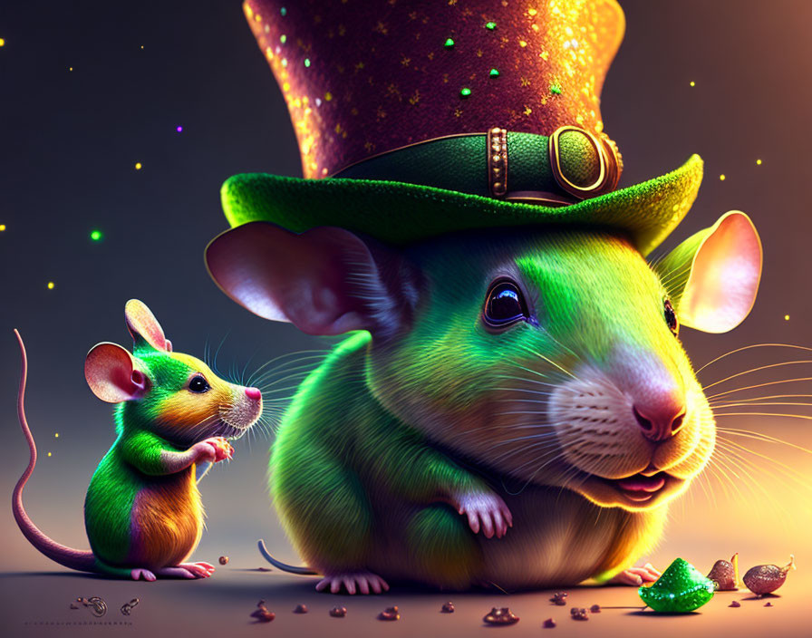 Colorful illustration of two stylized mice with a sparkly green hat and shimmering particles