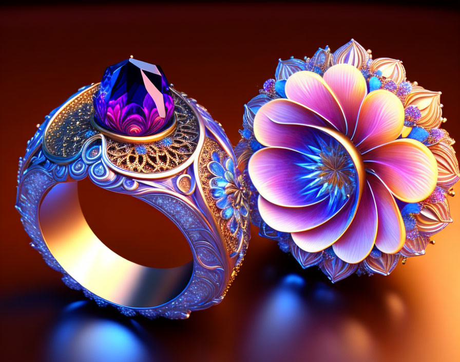 Ornate ring with purple gemstone and flower on reflective surface