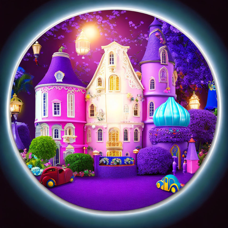 Colorful Fairy-Tale Village Illustration with Whimsical Details