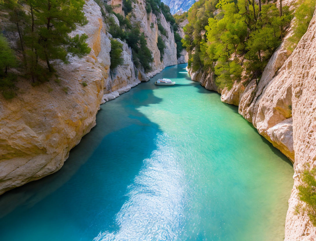 Tranquil river with steep cliffs, lush greenery, and cruising boat