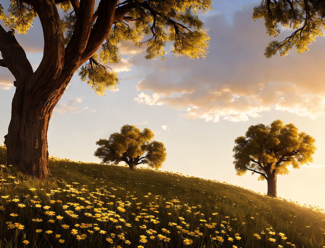 Tranquil landscape with large tree, warm sunset, and yellow flowers