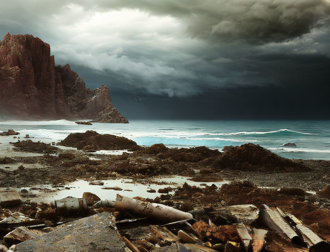 Stormy Coastal Landscape with Turbulent Sea and Debris