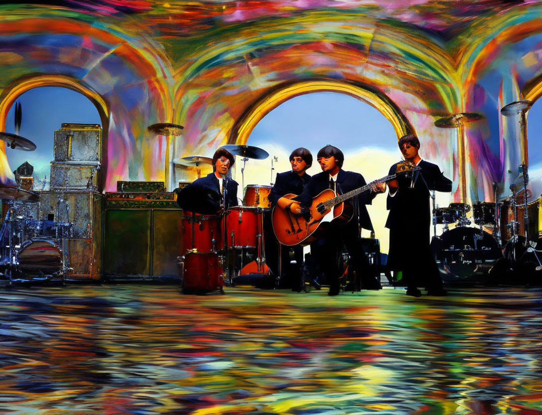 Colorful Band with Guitars and Drums in Abstract Setting