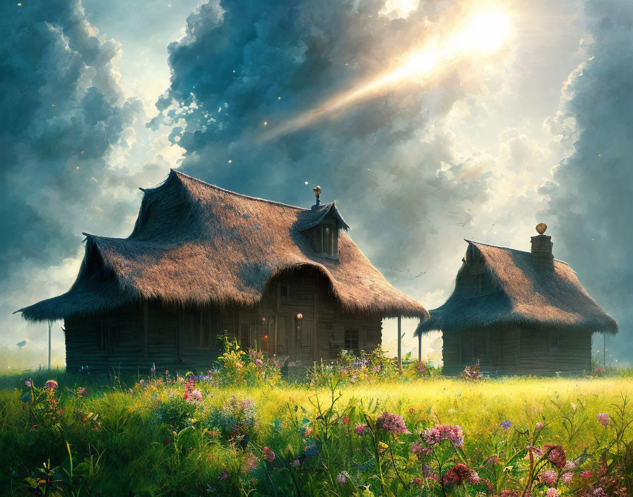 Fantasy scene: Thatched-roof cottages, colorful flowers, dramatic clouds