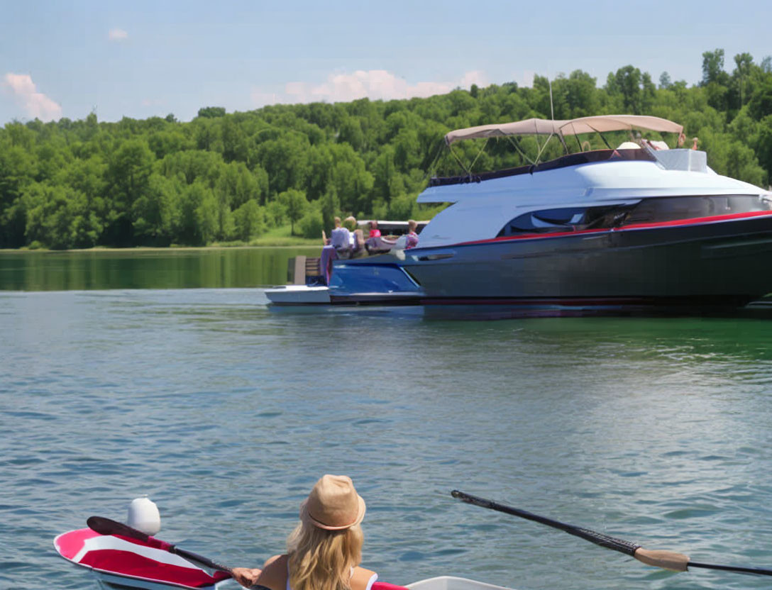 Kayaker on calm lake observing luxury boat in clear blue sky