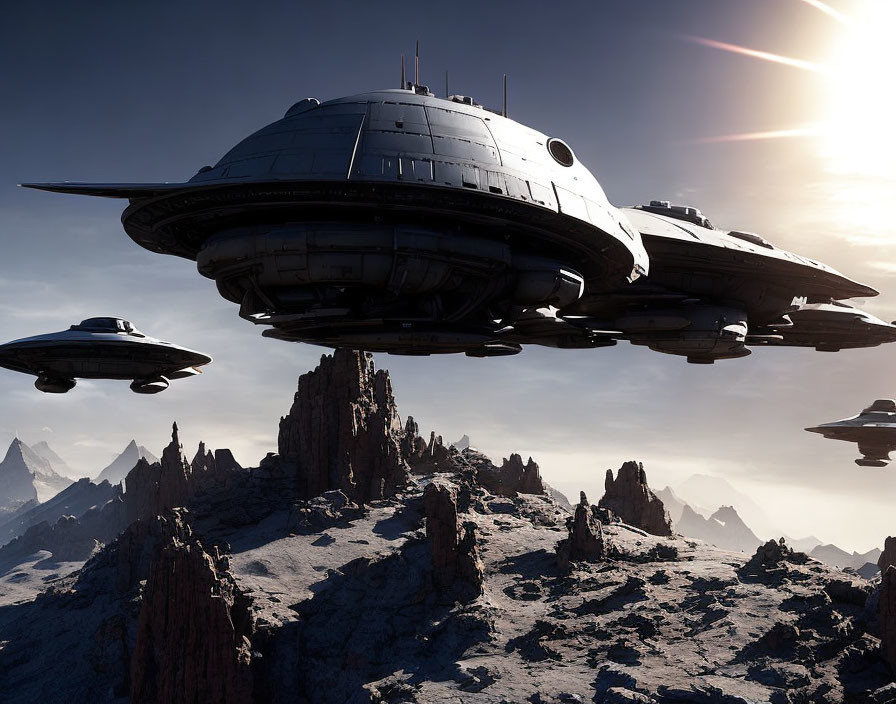 Large spacecrafts hover above rocky, barren landscape in futuristic scene