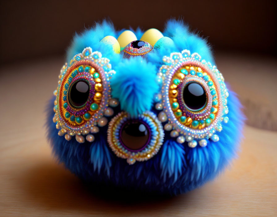 Fluffy Blue Object with Large Embellished Eyes