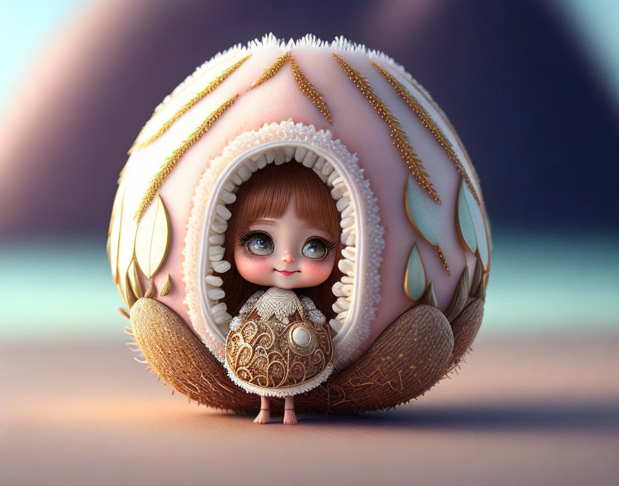 Whimsical character in decorative egg shell with pastel colors