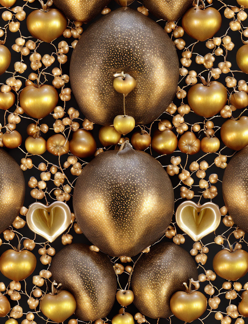 Golden baubles, berries, and hearts on dark background