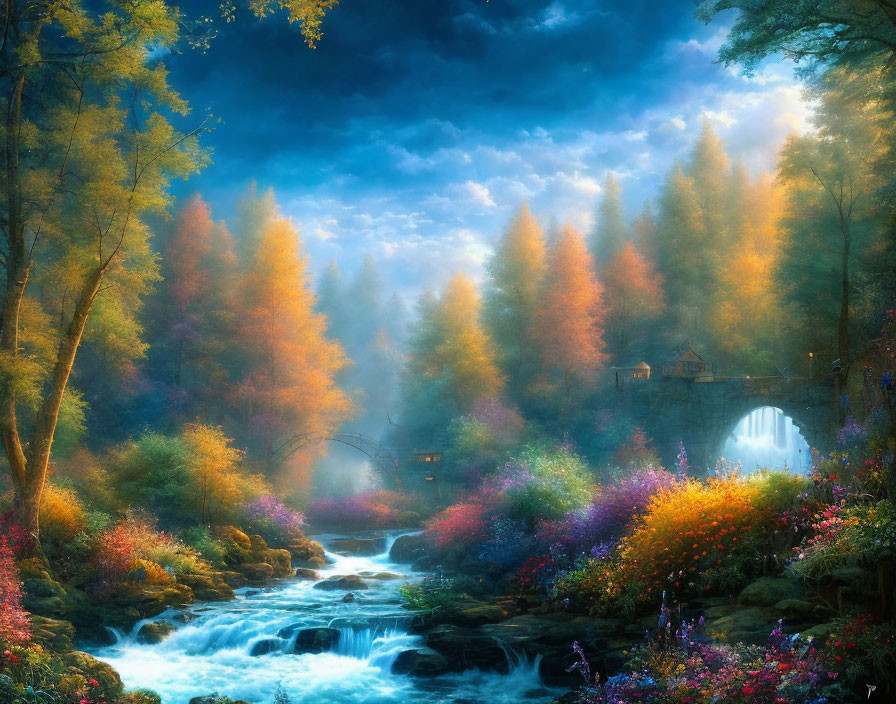 Tranquil Forest Scene with Waterfall, Autumn Trees, Stone Bridge, and Sunlit Mist