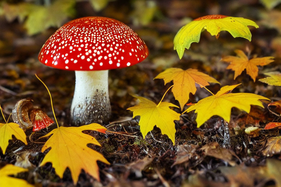 Red Mushroom with White Spots Among Fallen Yellow Leaves in Forest