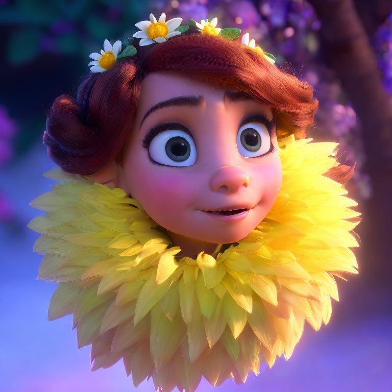 Animated girl with big eyes and daisy headband in purple setting