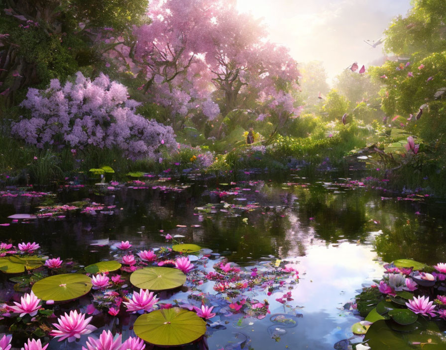 Tranquil pond with lily pads, pink flowers, cherry blossoms, and lush trees