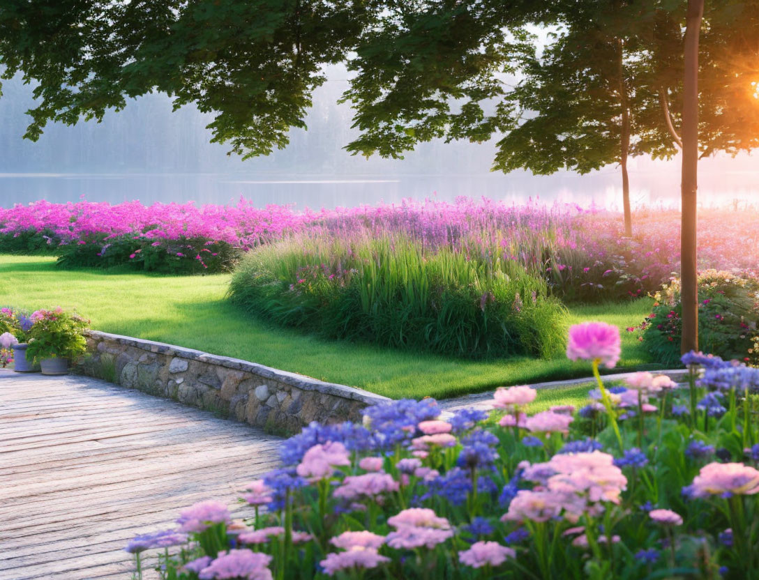 Tranquil garden path with purple and pink flowers at sunrise