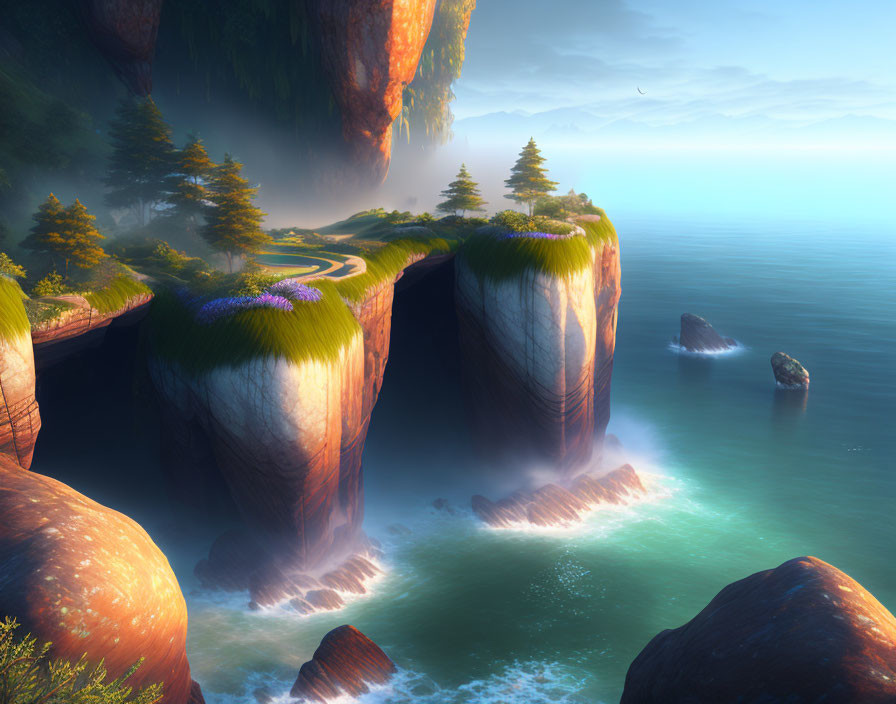 Mystical seaside cliffs at dawn with trees and gentle waves.