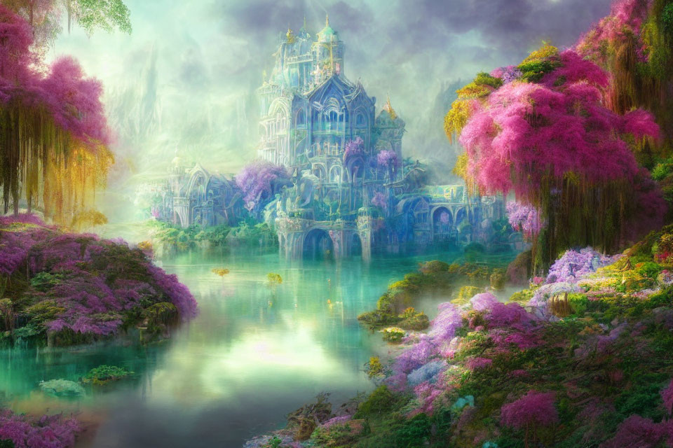 Ethereal castle in lush pink foliage with tranquil water reflections