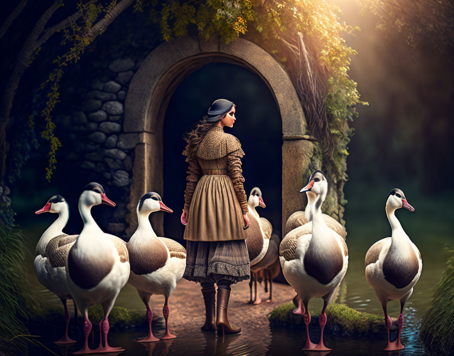 Woman in period clothing with geese by archway near water in serene setting