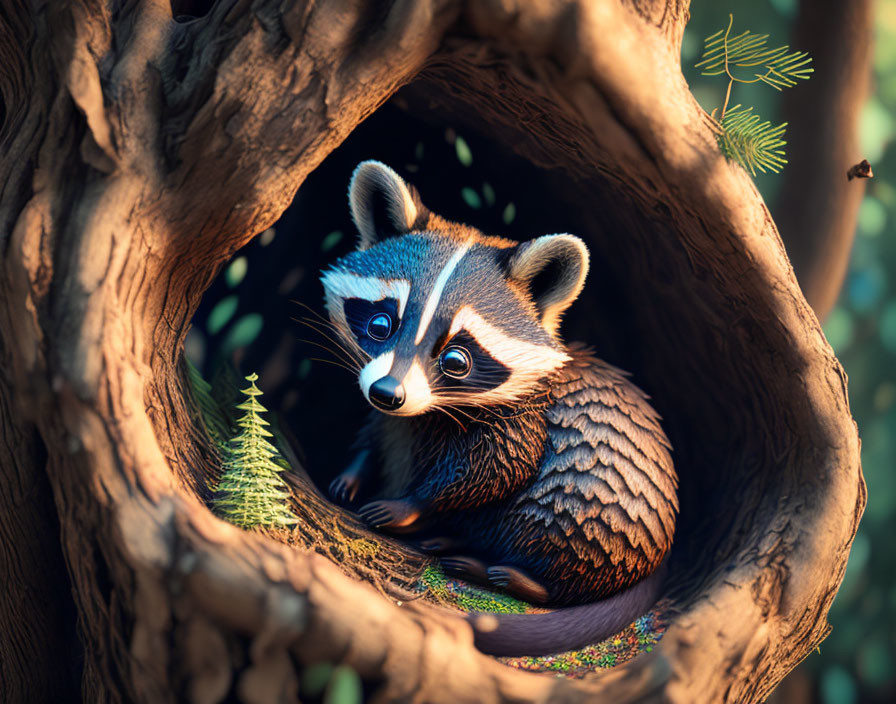 Raccoon resting in tree hollow amidst lush green forest