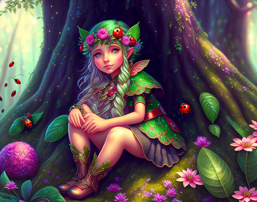 Illustration of a blue-haired fairy by a flower-adorned tree with ladybugs