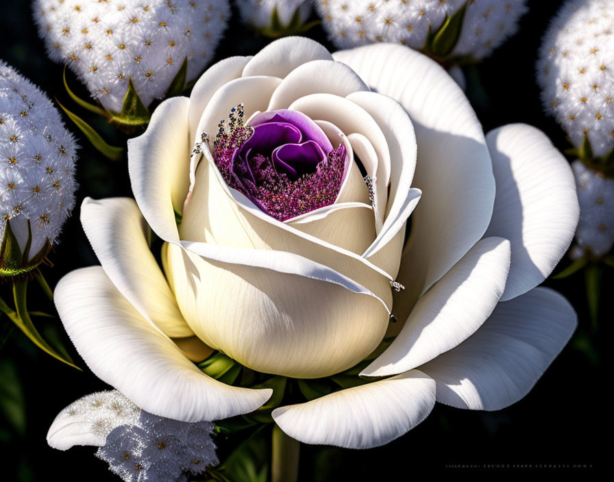 Unique White and Purple Flower with Diamond Jewelry on Soft White Blossom Background