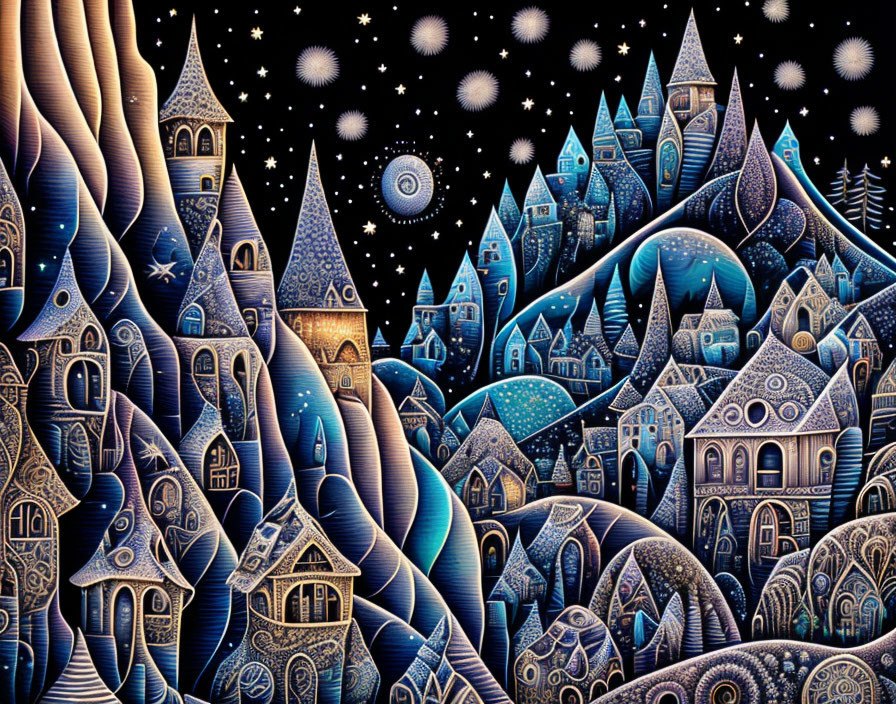 Detailed Painting: Fantastical Starry Night Village Scene