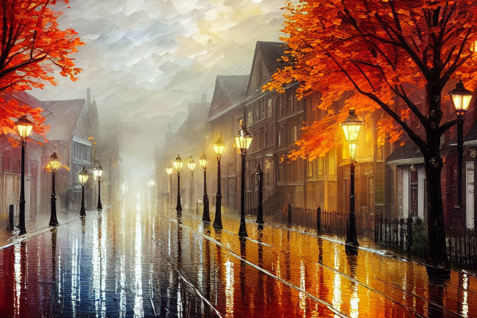 Autumnal street scene with glowing streetlamps and wet cobblestone road.