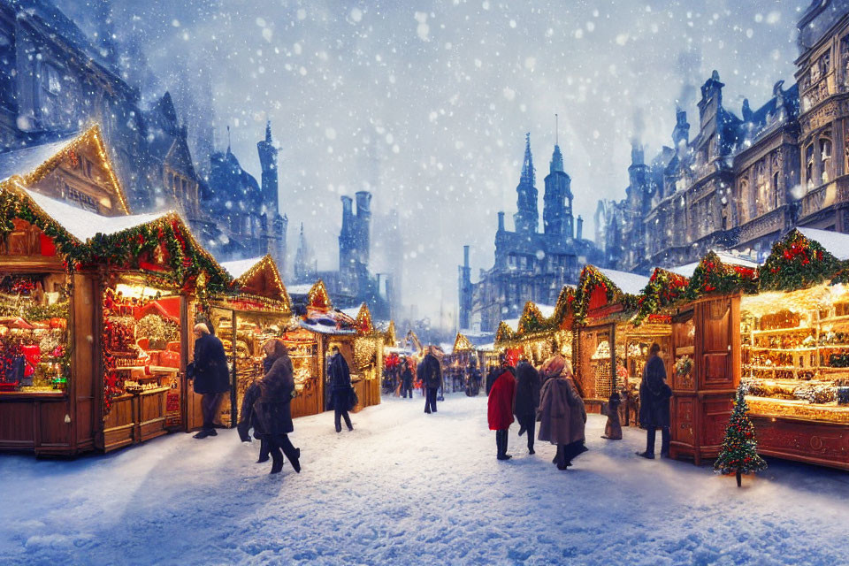 Snowy Christmas Market at Twilight with Festive Decorations