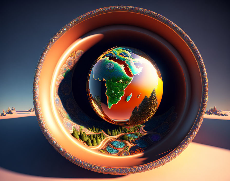 Surreal image of Earth as a marble in circular frame with vibrant landscapes on desert backdrop