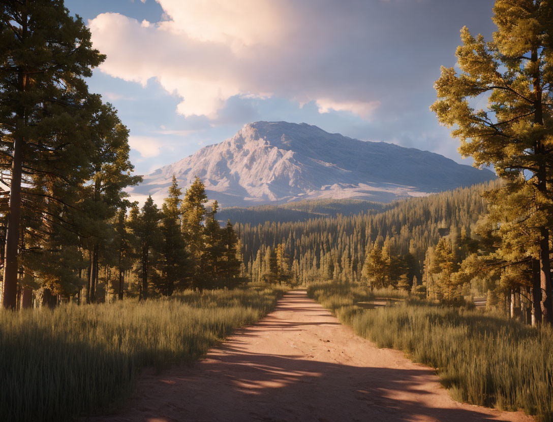 Tranquil forest path to majestic sunlit mountain