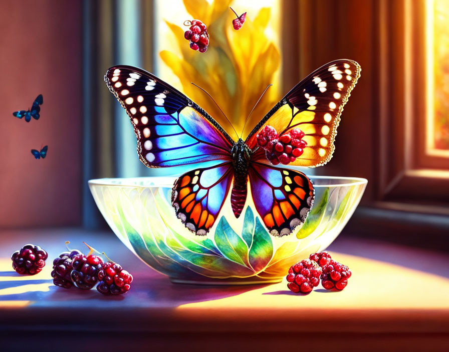 Colorful digital artwork: Butterfly on glass bowl with berries and sunlight.