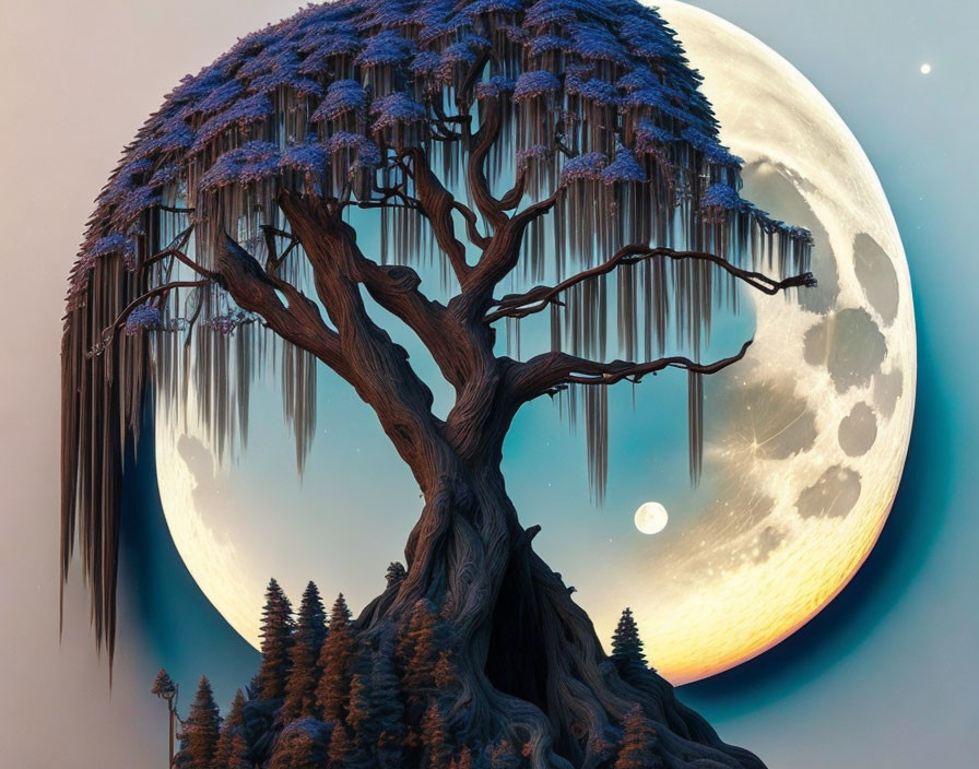 Surreal artwork: Large tree with purple foliage on cliff, full moon, smaller moon