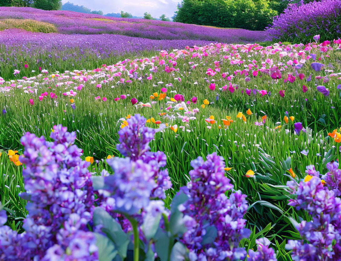 Lavender and Multicolored Flowers in a Vibrant Field