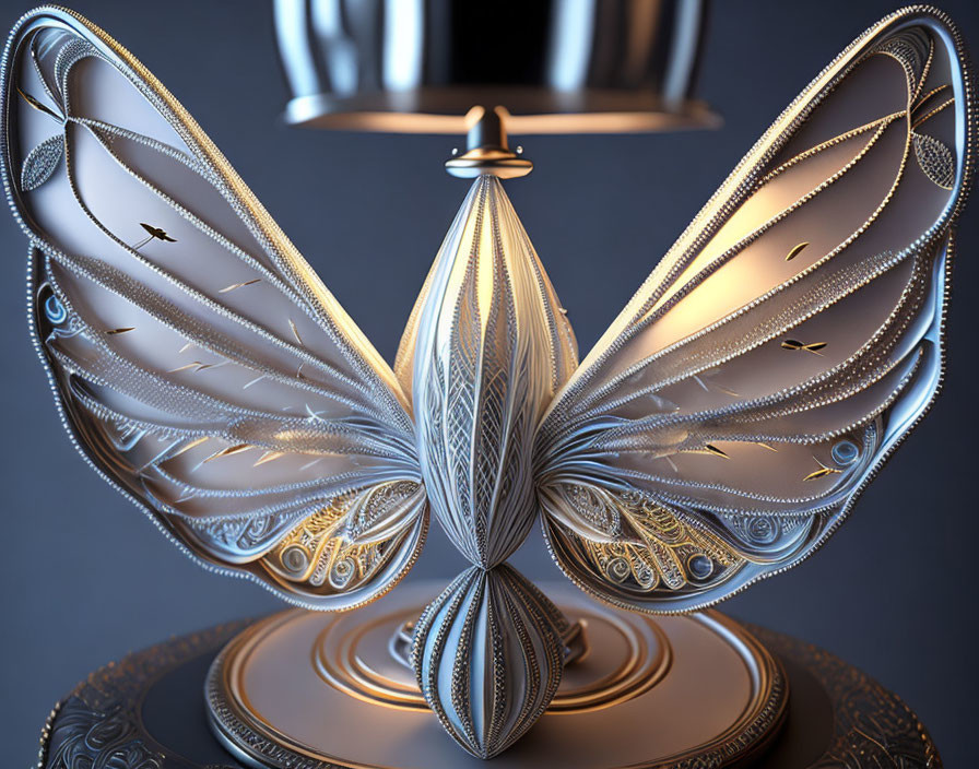 Detailed Metallic Butterfly Sculpture on Elegant Stand Against Blue Background