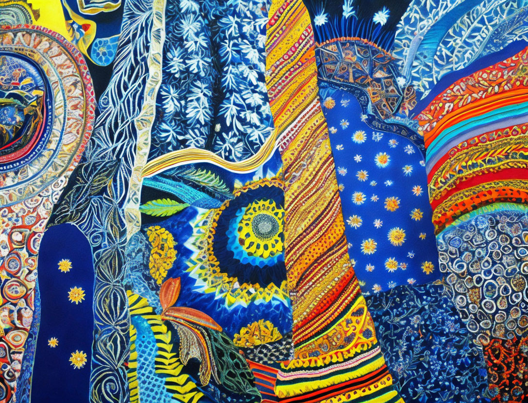 Colorful Abstract Painting with Intricate Patterns in Blues, Yellows, and Reds