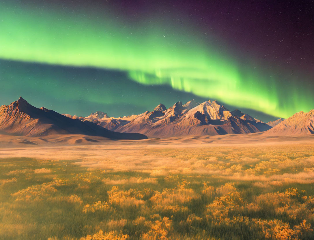 Colorful Aurora Borealis above Mountain Range and Starlit Sky