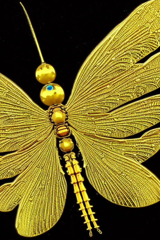 Gold-Toned Filigree Dragonfly Brooch with Beads Detailing