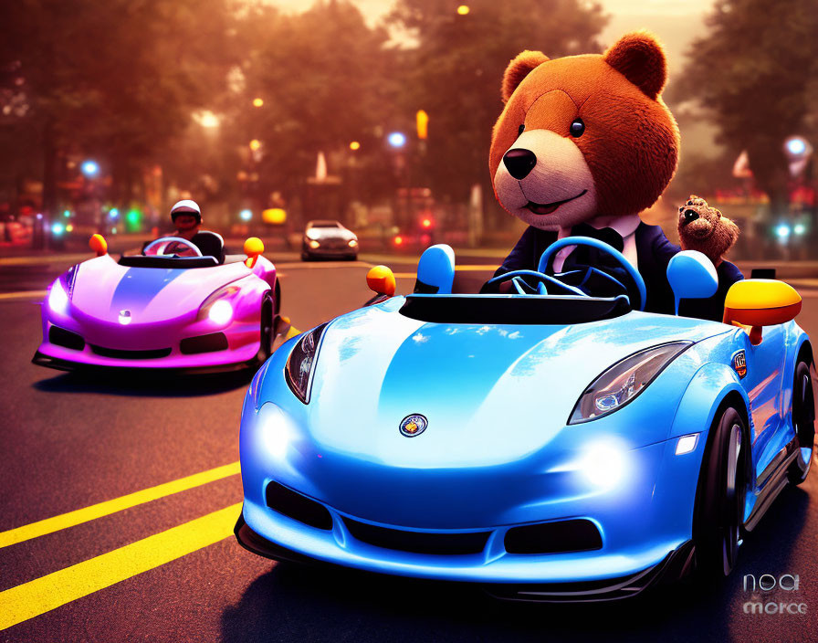 Large teddy bear driving blue toy car with small bear on road, pink sports car in background