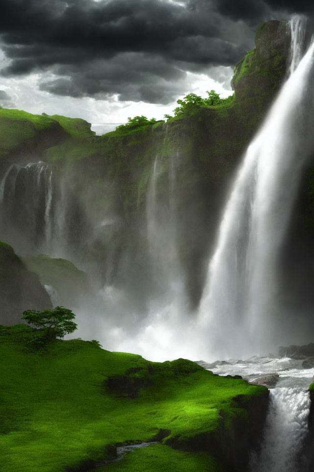 Lush Green Cliff with Majestic Waterfalls