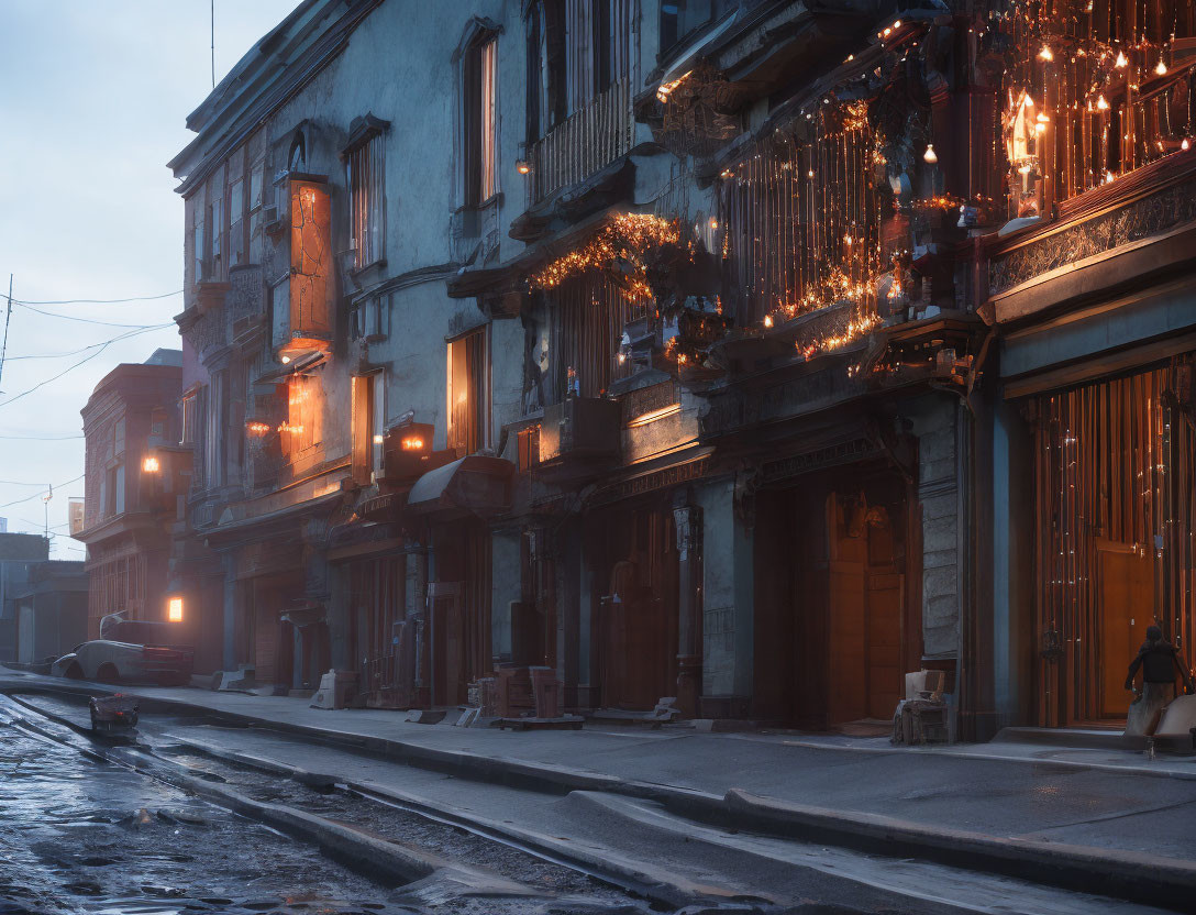 Quiet street at twilight with old buildings and holiday decorations