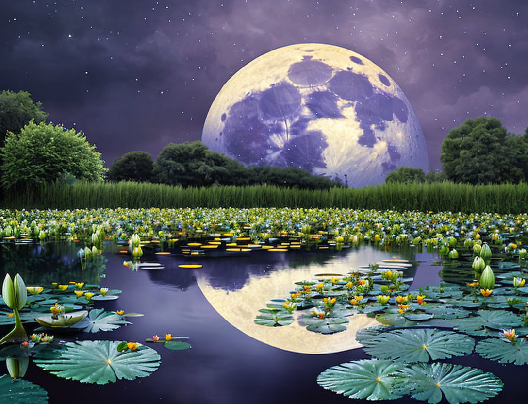 Tranquil pond with water lilies under starry sky and large moon reflecting on water