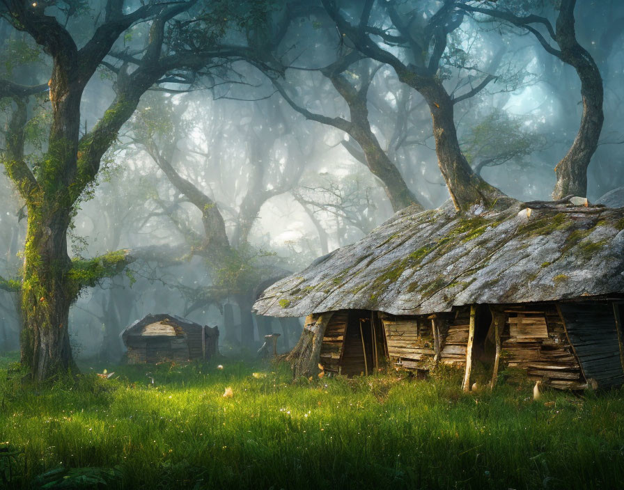 Ethereal forest scene with sunlight, old wooden cottage, moss-covered trees