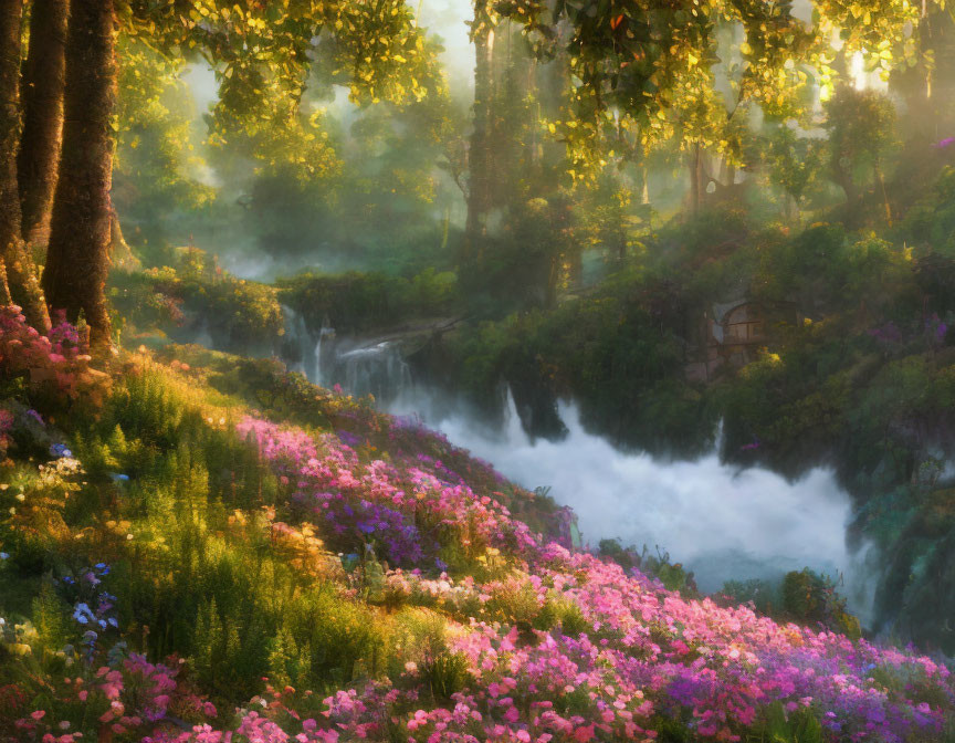 Tranquil forest waterfall with lush greenery and purple flowers