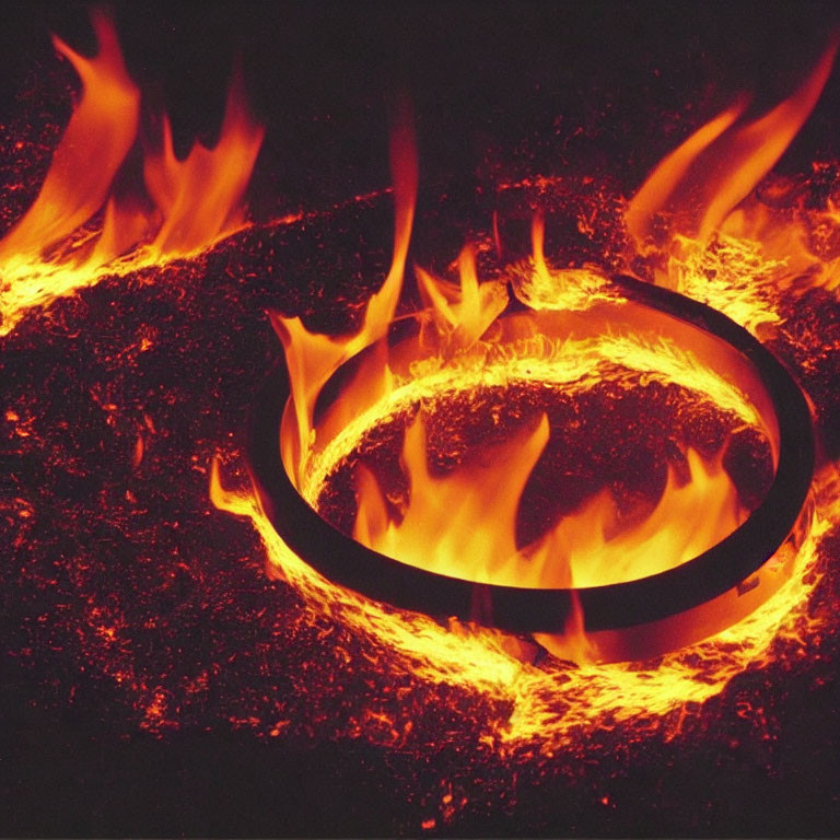 Metal ring engulfed in intense flames on smoldering embers