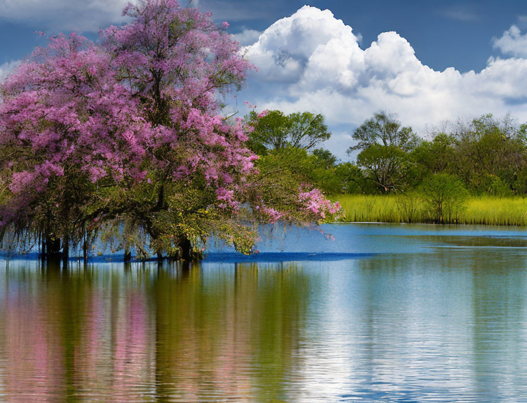 Tranquil lake with blossoming pink tree under sunny sky