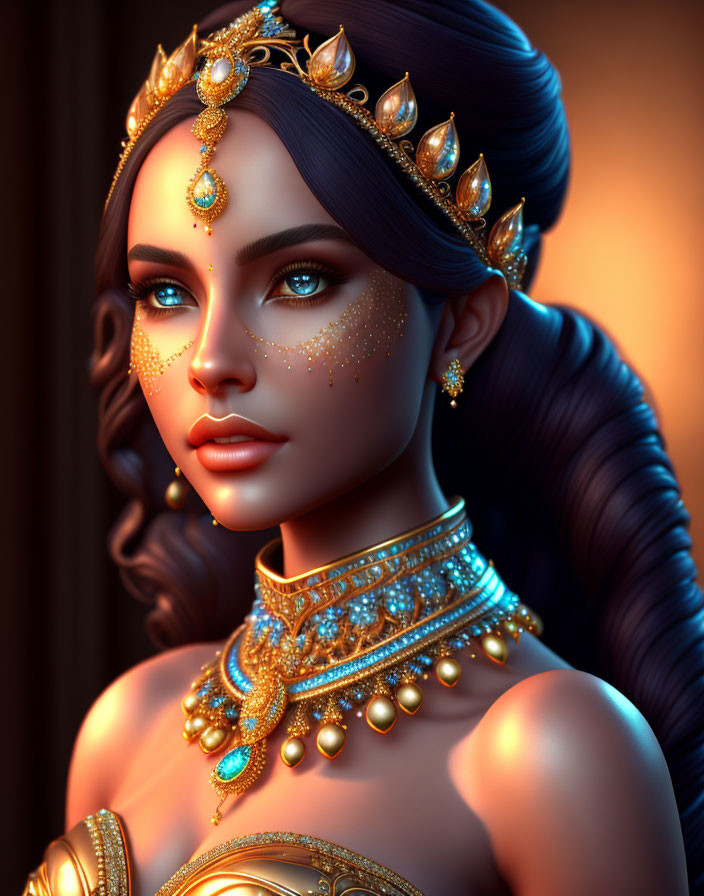 3D-rendered image of woman with gold and jewel-adorned headdress and blue eyes