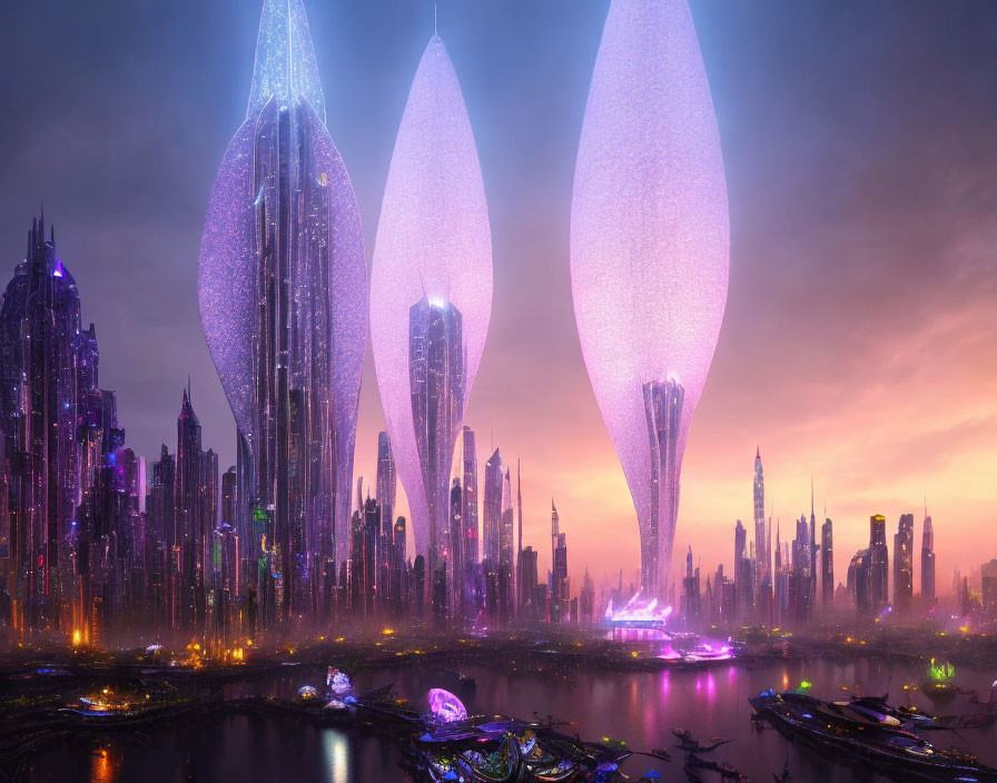 Futuristic cityscape at dusk with towering illuminated buildings and purple sky