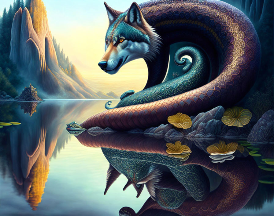 Surreal wolf-serpent hybrid by serene lake in mystical forest