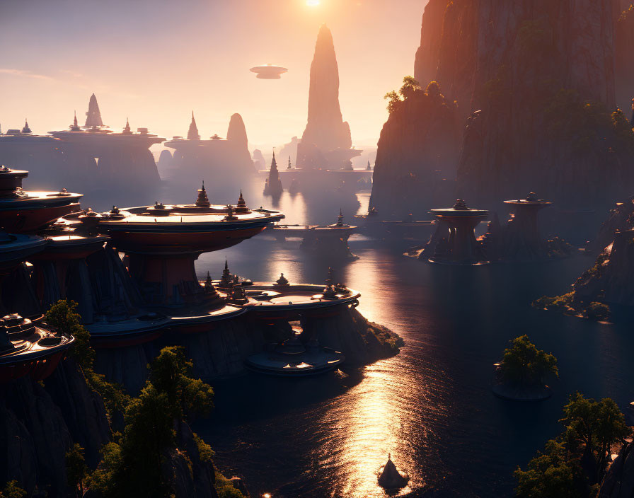 Futuristic cityscape at sunset with sleek buildings, cliffs, water, and flying vehicles