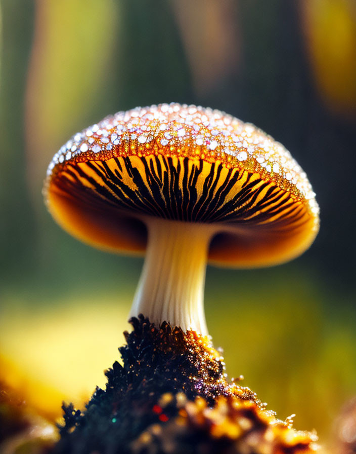 Detailed close-up of glistening mushroom cap and ribbed underside